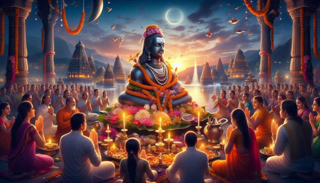 A serene outdoor gathering at sunset, where devotees worship a decorated statue amidst vibrant flowers and candles, near ancient temples by a lake.