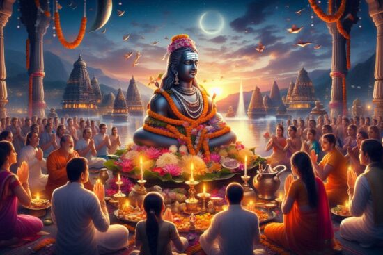 A serene outdoor gathering at sunset, where devotees worship a decorated statue amidst vibrant flowers and candles, near ancient temples by a lake.