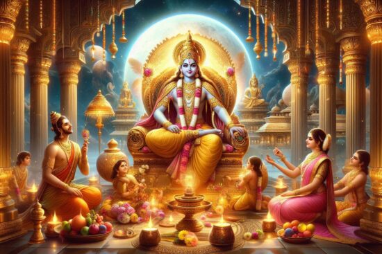 A grand depiction of an Indian deity seated in a luminous temple, amidst worshippers offering flowers and prayers.