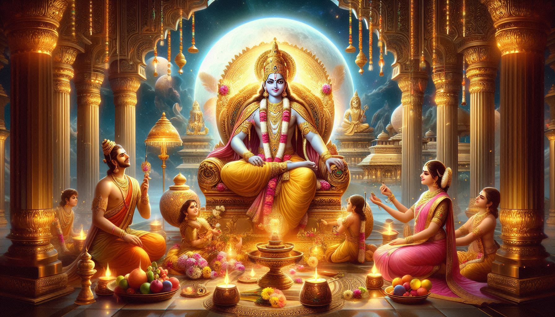A grand depiction of an Indian deity seated in a luminous temple, amidst worshippers offering flowers and prayers.