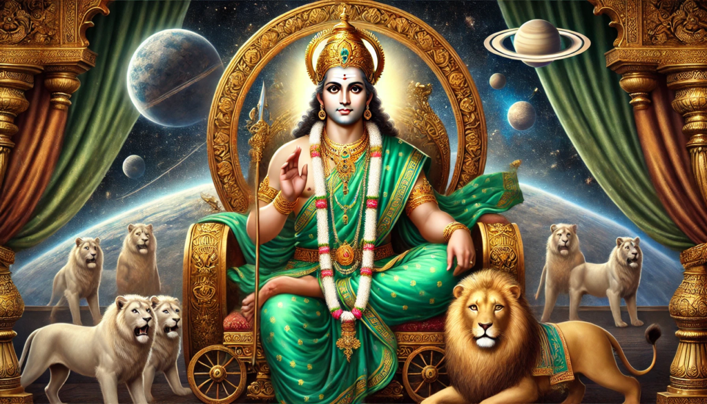 A majestic figure in a green robe sits on a golden throne surrounded by lions, with planets and stars in a cosmic backdrop.