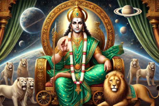 A majestic figure in a green robe sits on a golden throne surrounded by lions, with planets and stars in a cosmic backdrop.
