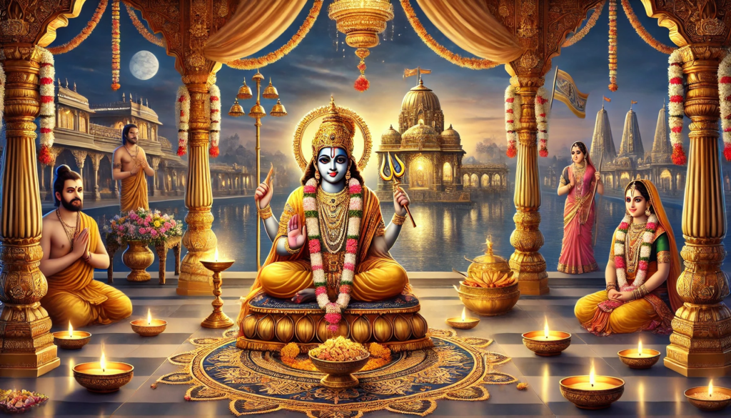 A vibrant temple scene with deity in colorful attire, golden decor, and oil lamps, surrounded by devotees and a serene lake at twilight.