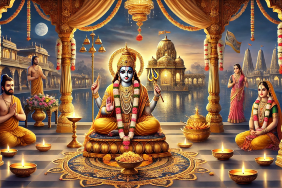 A vibrant temple scene with deity in colorful attire, golden decor, and oil lamps, surrounded by devotees and a serene lake at twilight.