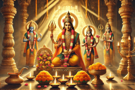 A vibrant temple scene featuring gods adorned with flowers and jewelry, surrounded by decorative oil lamps and marigold arrangements.