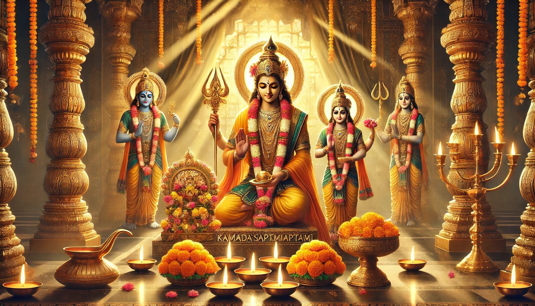 A vibrant temple scene featuring gods adorned with flowers and jewelry, surrounded by decorative oil lamps and marigold arrangements.
