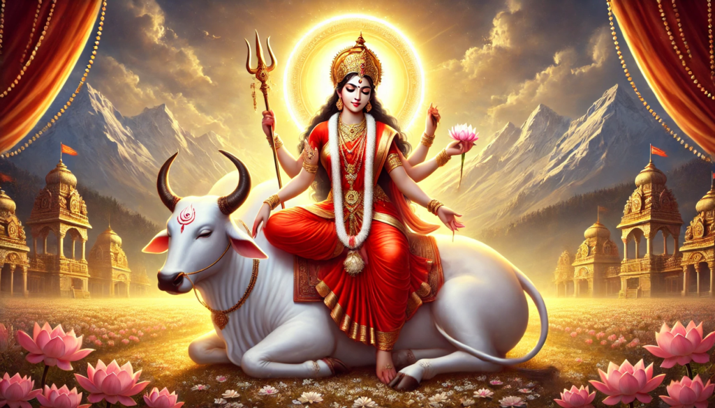 A goddess in vibrant red attire, seated on a white cow, surrounded by flowers and mountains, radiating divine energy and tranquility.