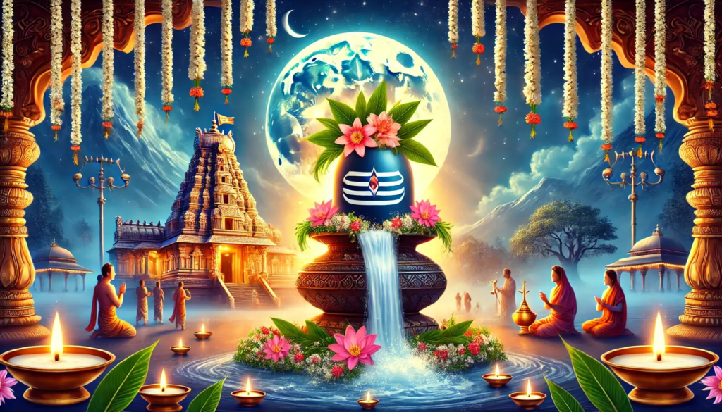 A serene temple scene with a fountain, lotus flowers, and candles, under a full moon, showcasing vibrant colors and spiritual atmosphere.