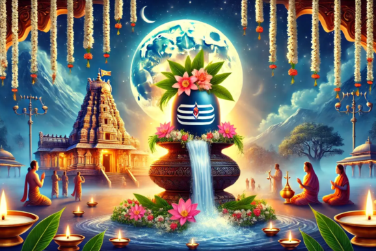 A serene temple scene with a fountain, lotus flowers, and candles, under a full moon, showcasing vibrant colors and spiritual atmosphere.