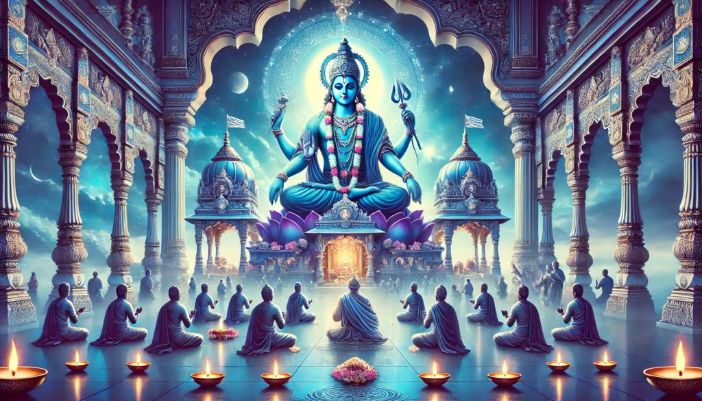 A serene temple scene with devotees in meditation, illuminated by candles, and a grand blue deity surrounded by lotus flowers.