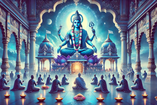 A serene temple scene with devotees in meditation, illuminated by candles, and a grand blue deity surrounded by lotus flowers.