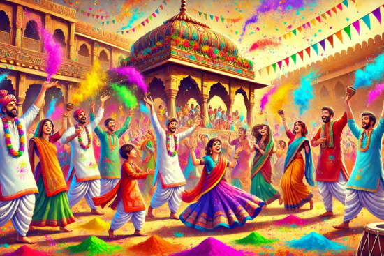 A vibrant celebration of Holi, with joyful men and women dancing amid colorful powders and festive decorations in a lively outdoor setting.