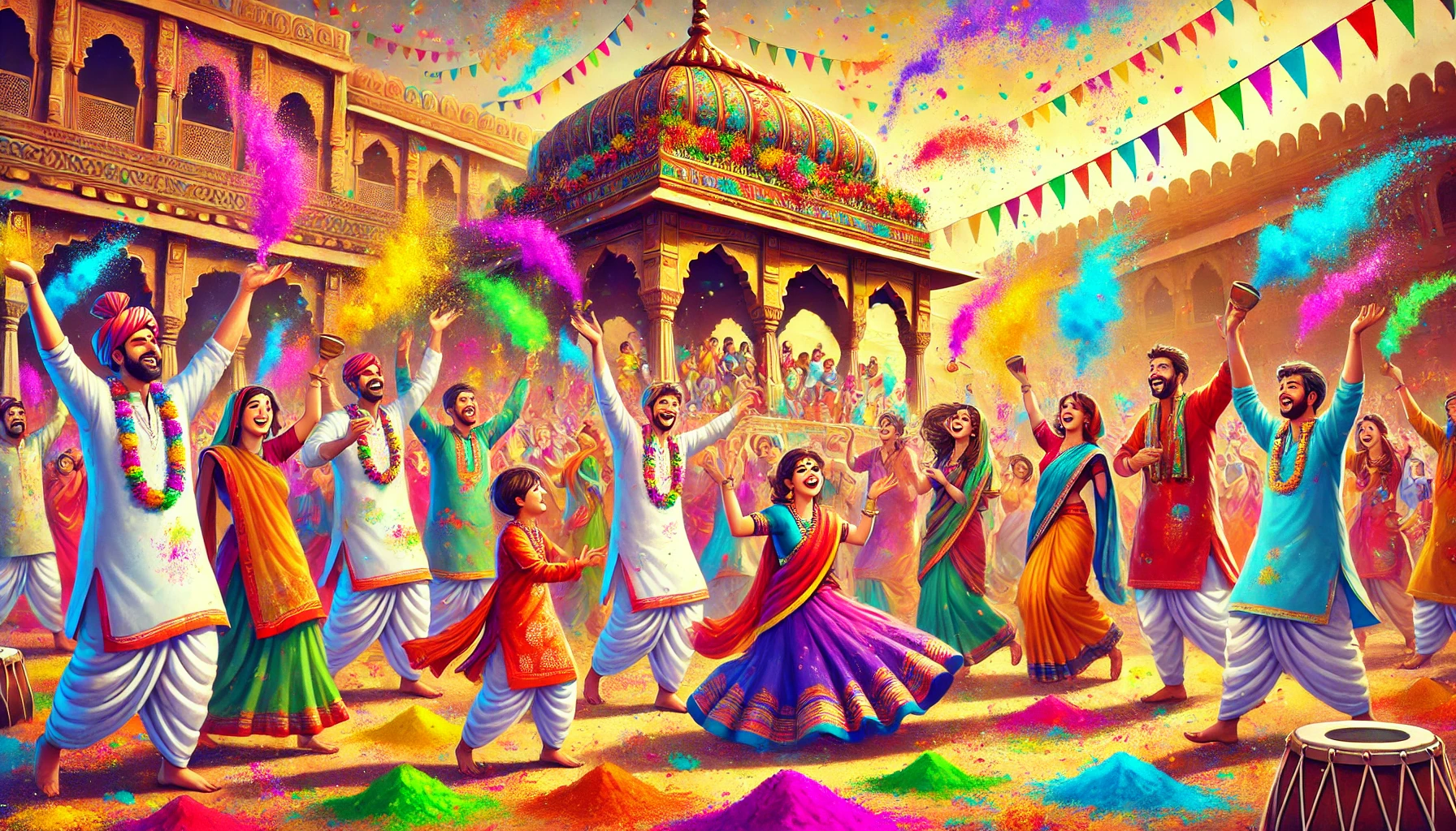 A vibrant celebration of Holi, with joyful men and women dancing amid colorful powders and festive decorations in a lively outdoor setting.