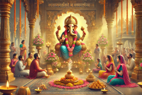 A vibrant temple setting filled with worshippers, flowers, traditional attire, and offerings surrounding a majestic idol of Ganesh.