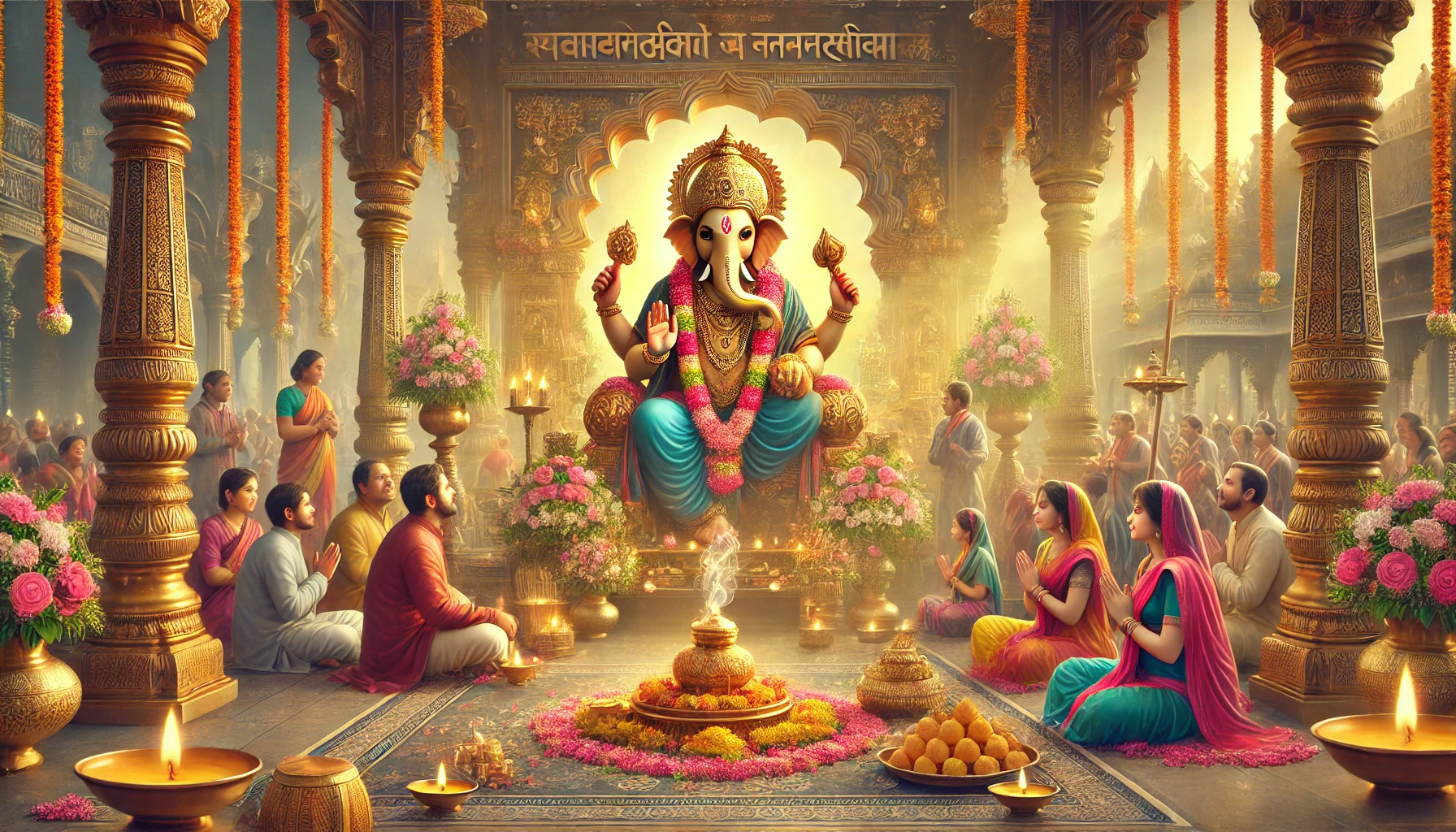 A vibrant temple setting filled with worshippers, flowers, traditional attire, and offerings surrounding a majestic idol of Ganesh.
