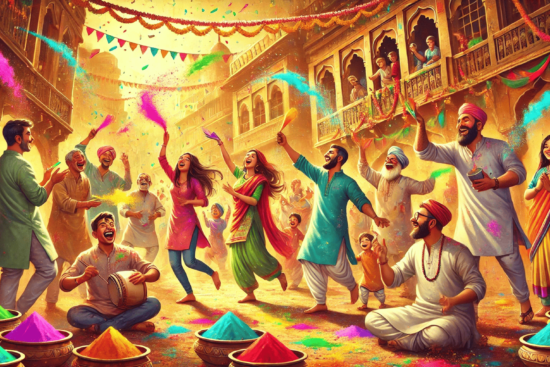 A vibrant Holi festival scene, with people joyfully throwing colorful powders and playing traditional instruments amidst festive decorations.