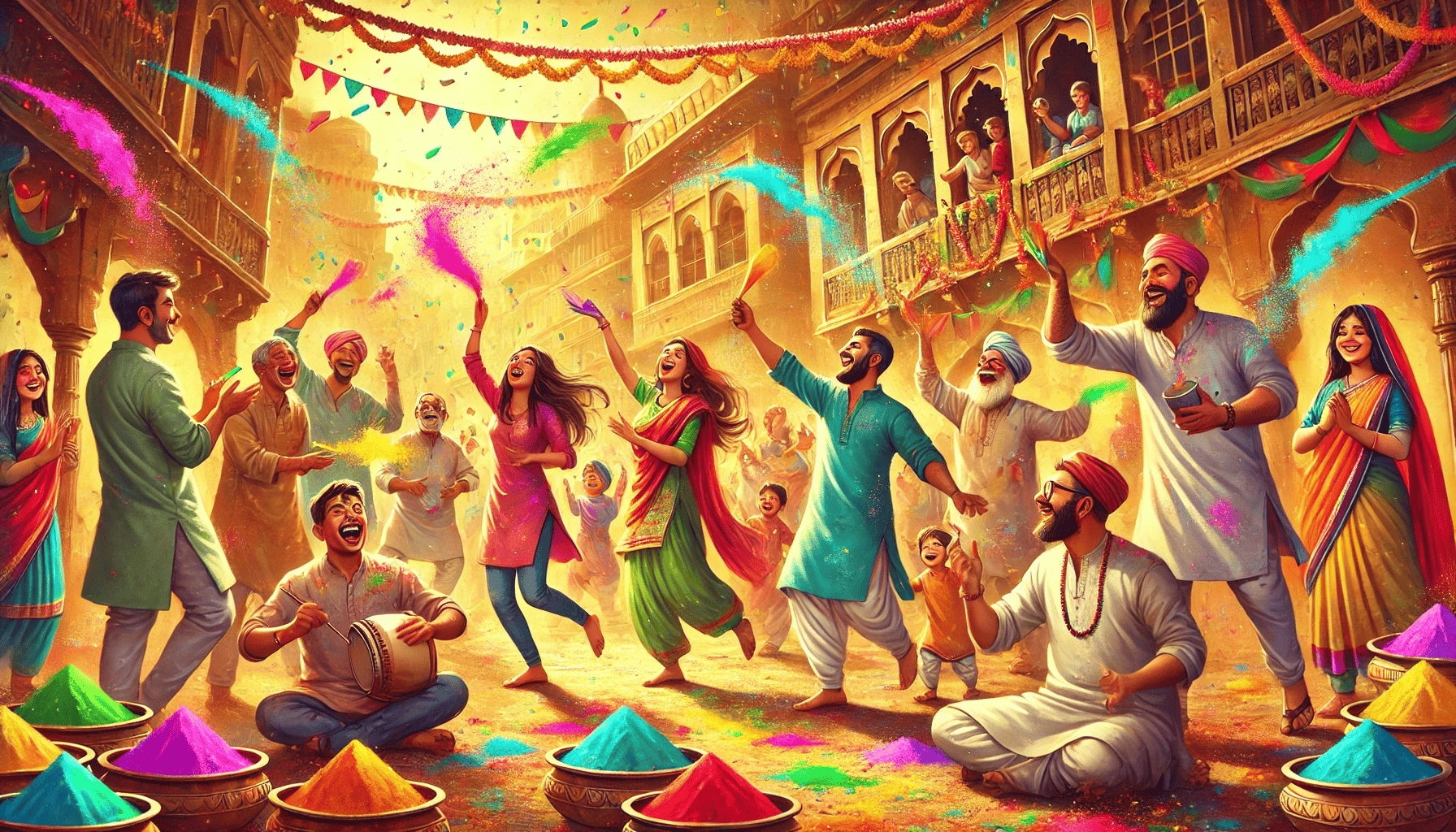 A vibrant Holi festival scene, with people joyfully throwing colorful powders and playing traditional instruments amidst festive decorations.