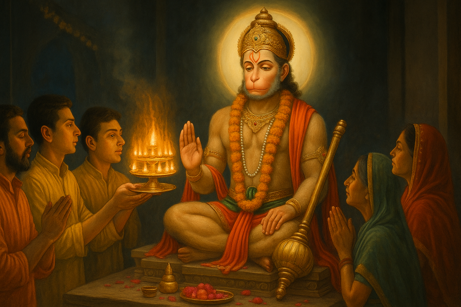 A divine figure adorned with ornaments and flowers sits on an altar, surrounded by devotees holding a lit lamp in reverence.