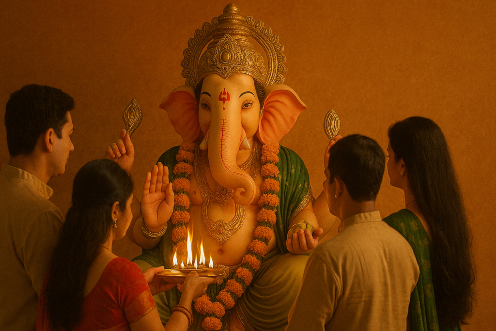 A group of people gathered around a large elephant statue, engaging in conversation and taking photos.