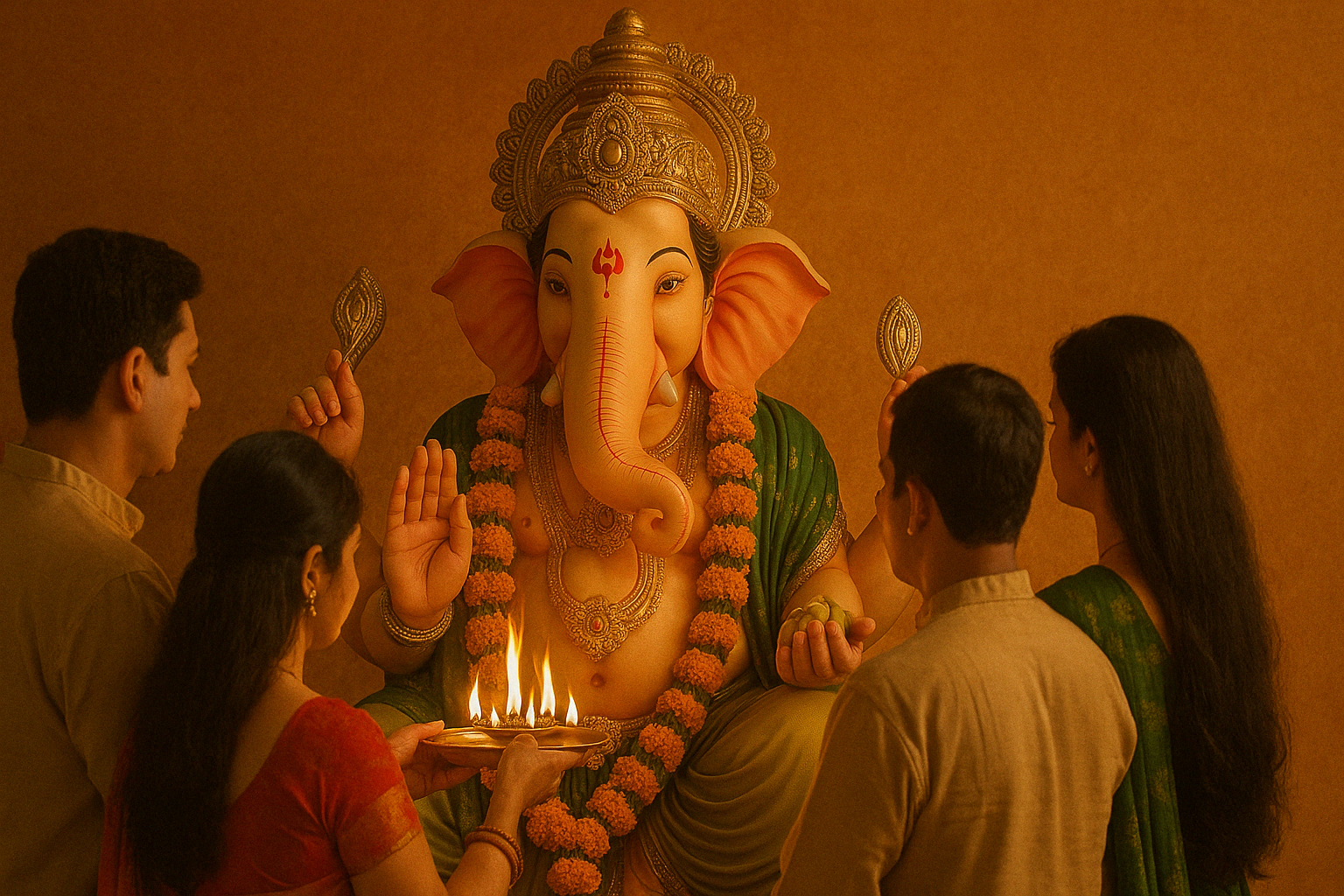 A group of people gathered around a large elephant statue, engaging in conversation and taking photos.