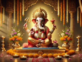 A beautifully adorned statue of Lord Ganesha, surrounded by flowers, lamps, and decorative elements, radiating a divine atmosphere.