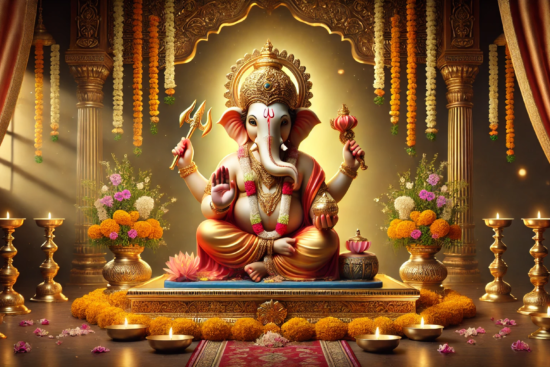 A beautifully adorned statue of Lord Ganesha, surrounded by flowers, lamps, and decorative elements, radiating a divine atmosphere.