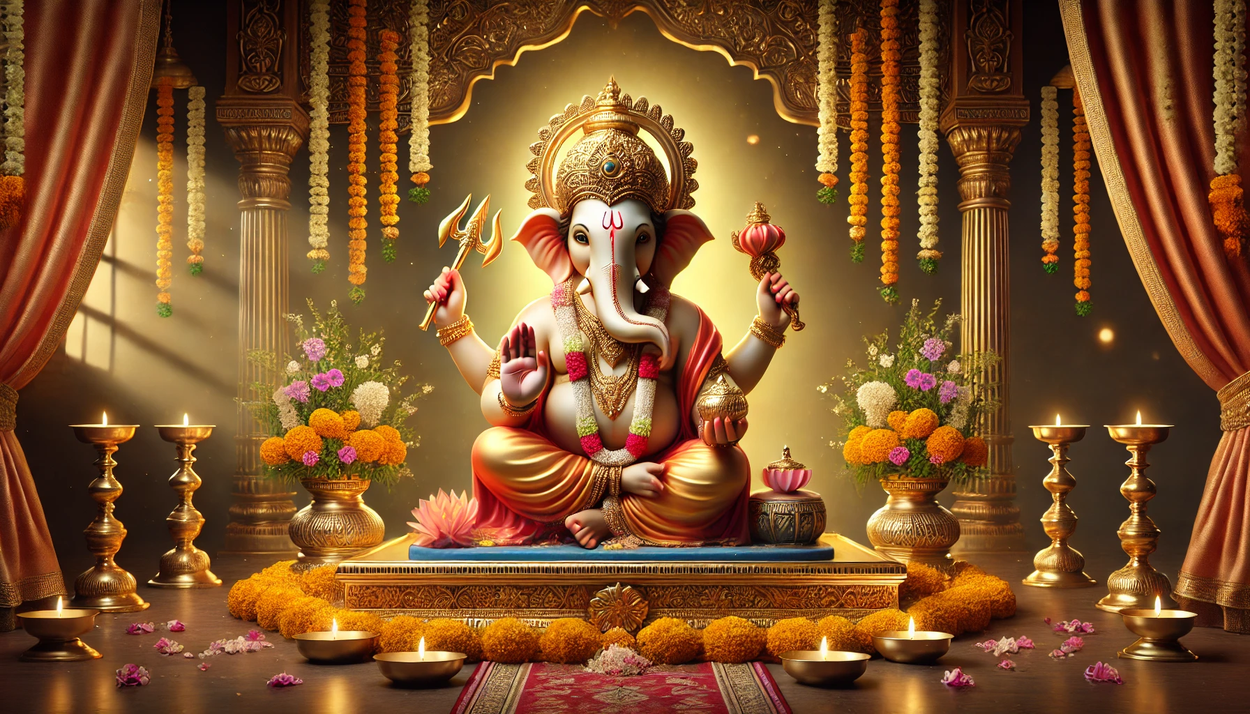 A beautifully adorned statue of Lord Ganesha, surrounded by flowers, lamps, and decorative elements, radiating a divine atmosphere.