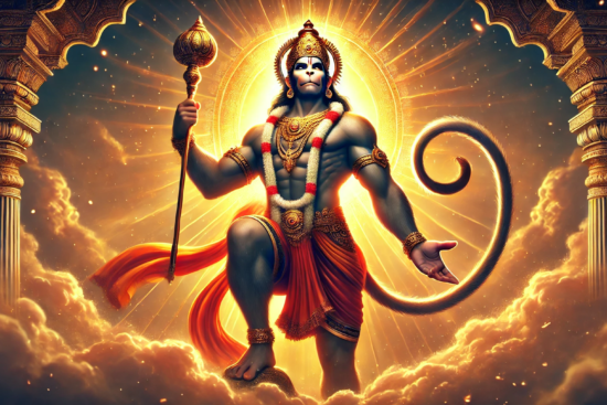 A powerful deity stands in a radiant golden aura, holding a staff, adorned in colorful attire, surrounded by clouds and ornate architecture.