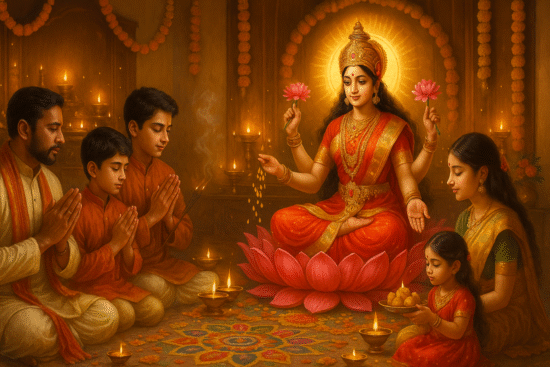 A serene family gathering around a radiant goddess seated on a pink lotus, surrounded by candles and festive decorations.