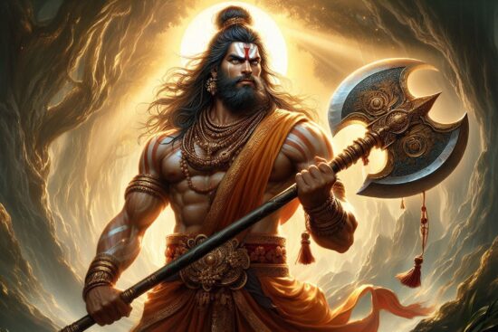 A powerful figure with long hair, clad in orange and gold, wielding an ornate axe against a mystical forest backdrop.