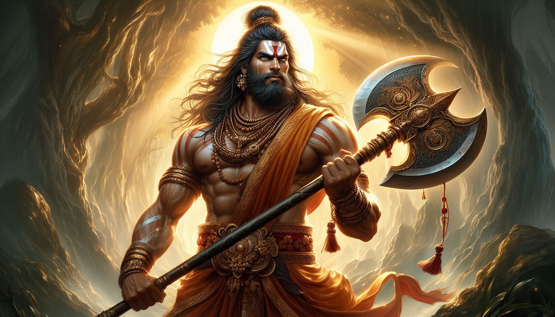A powerful figure with long hair, clad in orange and gold, wielding an ornate axe against a mystical forest backdrop.