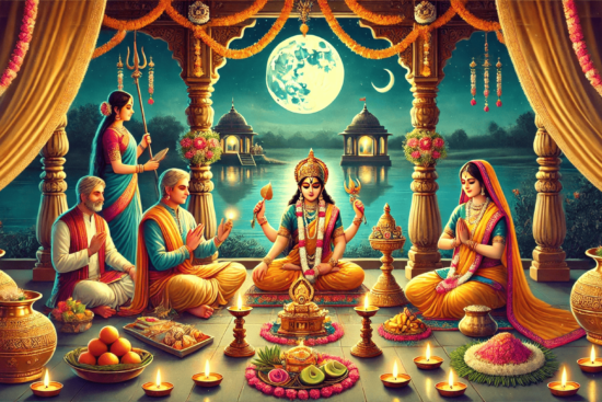 A vibrant scene of a festive Hindu ritual by a serene lake, adorned with flowers, candles, and offerings, under a full moon.