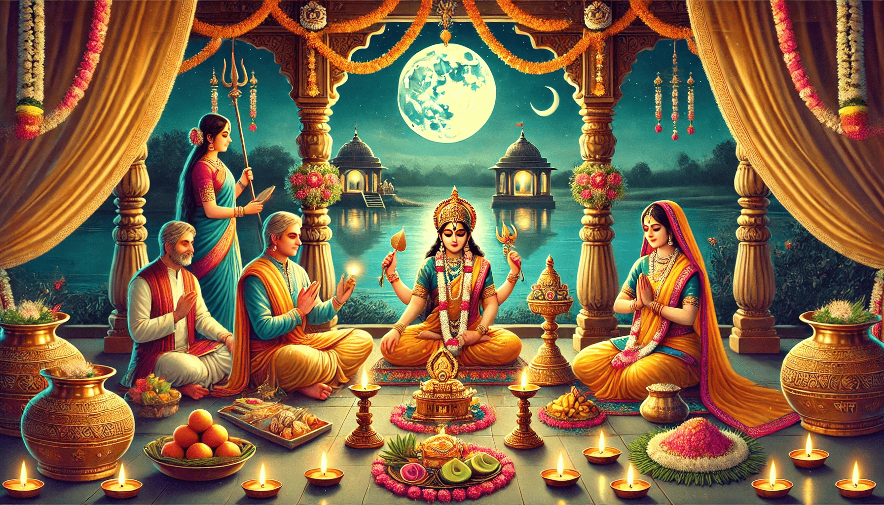 A vibrant scene of a festive Hindu ritual by a serene lake, adorned with flowers, candles, and offerings, under a full moon.