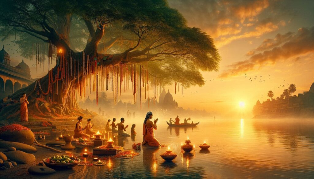 A serene river scene at sunset, featuring worshippers in traditional attire, floating lanterns, and a vast sacred tree adorned with decorations.