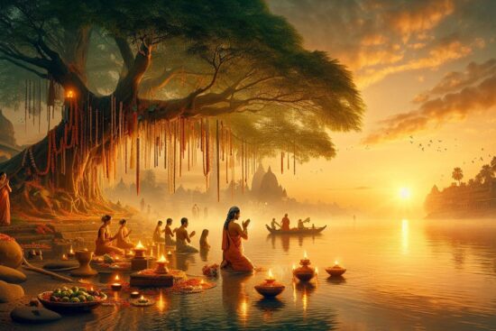 A serene river scene at sunset, featuring worshippers in traditional attire, floating lanterns, and a vast sacred tree adorned with decorations.