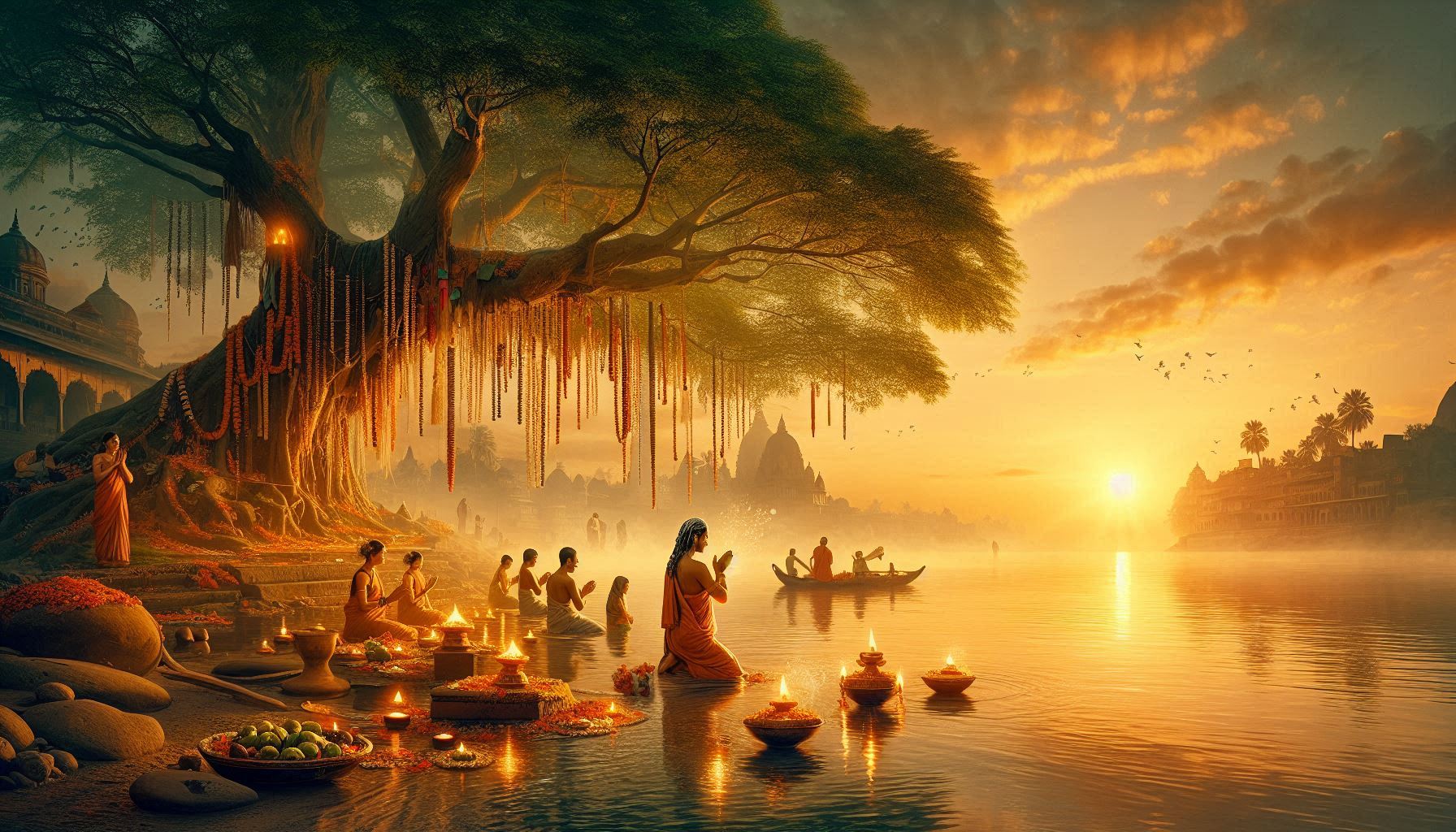 A serene river scene at sunset, featuring worshippers in traditional attire, floating lanterns, and a vast sacred tree adorned with decorations.