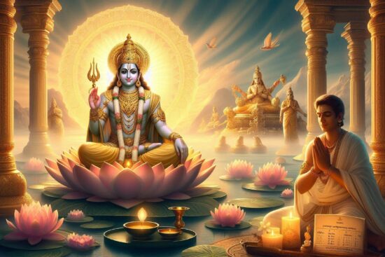 A serene scene of a deity seated on a lotus, surrounded by lotus flowers and candles, with a person praying and an idol in the background amid temple pillars and soft light.