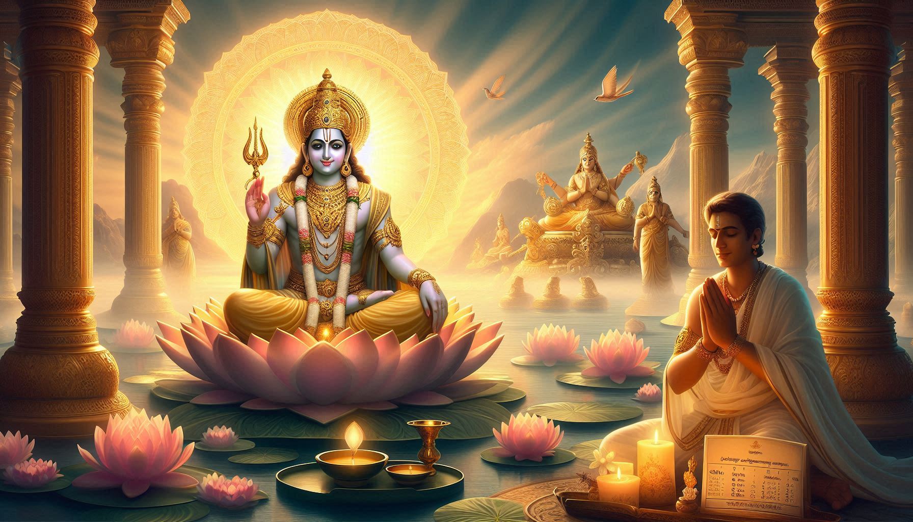 A serene scene of a deity seated on a lotus, surrounded by lotus flowers and candles, with a person praying and an idol in the background amid temple pillars and soft light.
