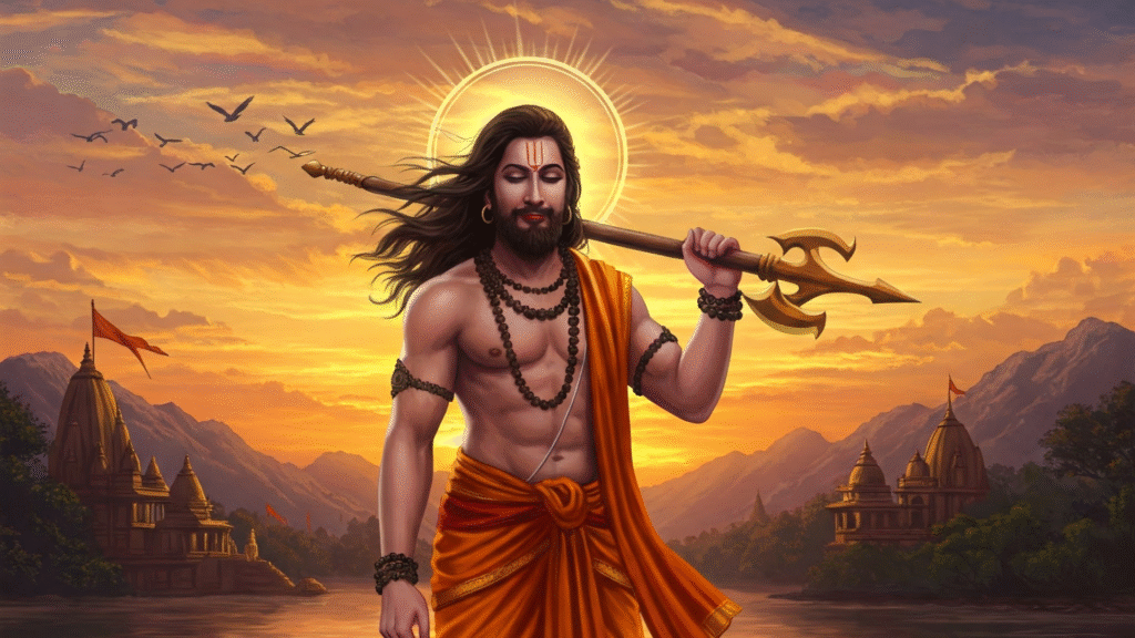 A divine figure dressed in orange with dark jewelry holds a trident, set against a vibrant sunset and serene temple landscape.