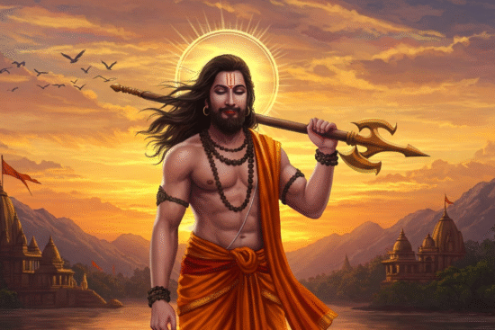 A divine figure dressed in orange with dark jewelry holds a trident, set against a vibrant sunset and serene temple landscape.
